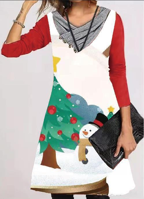 Women's Christmas Printed Long Sleeve Pullover Dress